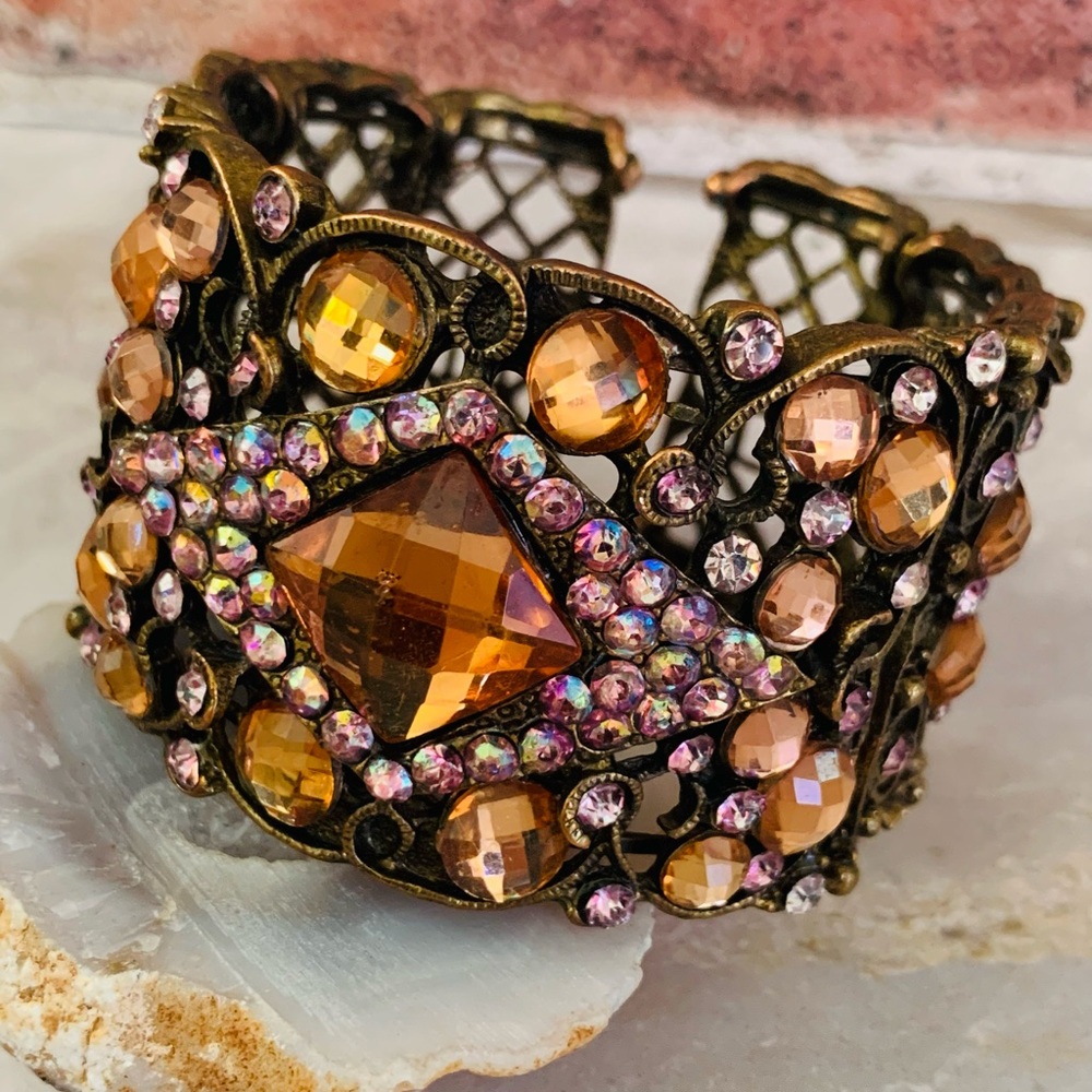 Vintage Brass Panel Tension Bracelet with Amber and Purple Rhinestones